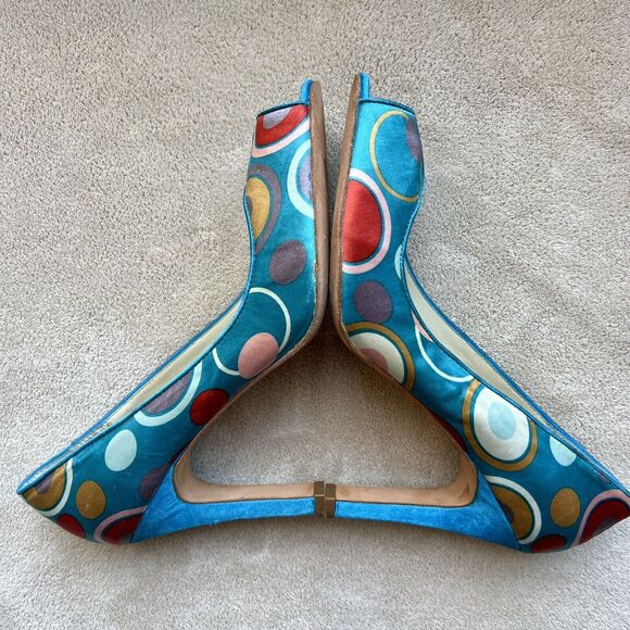 Martinez Valero Turquoise Teal Fabric Peep Toe Pump Multi-Color Dots Women’s 8.5 - Picture 4 of 16